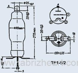 ТР1-5 / 2 لامپ بخار جیوه تیراترون برای کار در دستگاه های یکسو کننده طراحی شده است. همانطور که از اسم آن معلوم است با جیوه پر شده است.